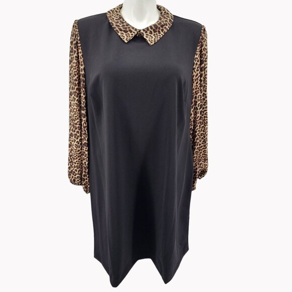 Tommy Hilfiger Womens Plus 22W Black Dress Leopard Print Collar Sheer Sleeve - Picture 1 of 12